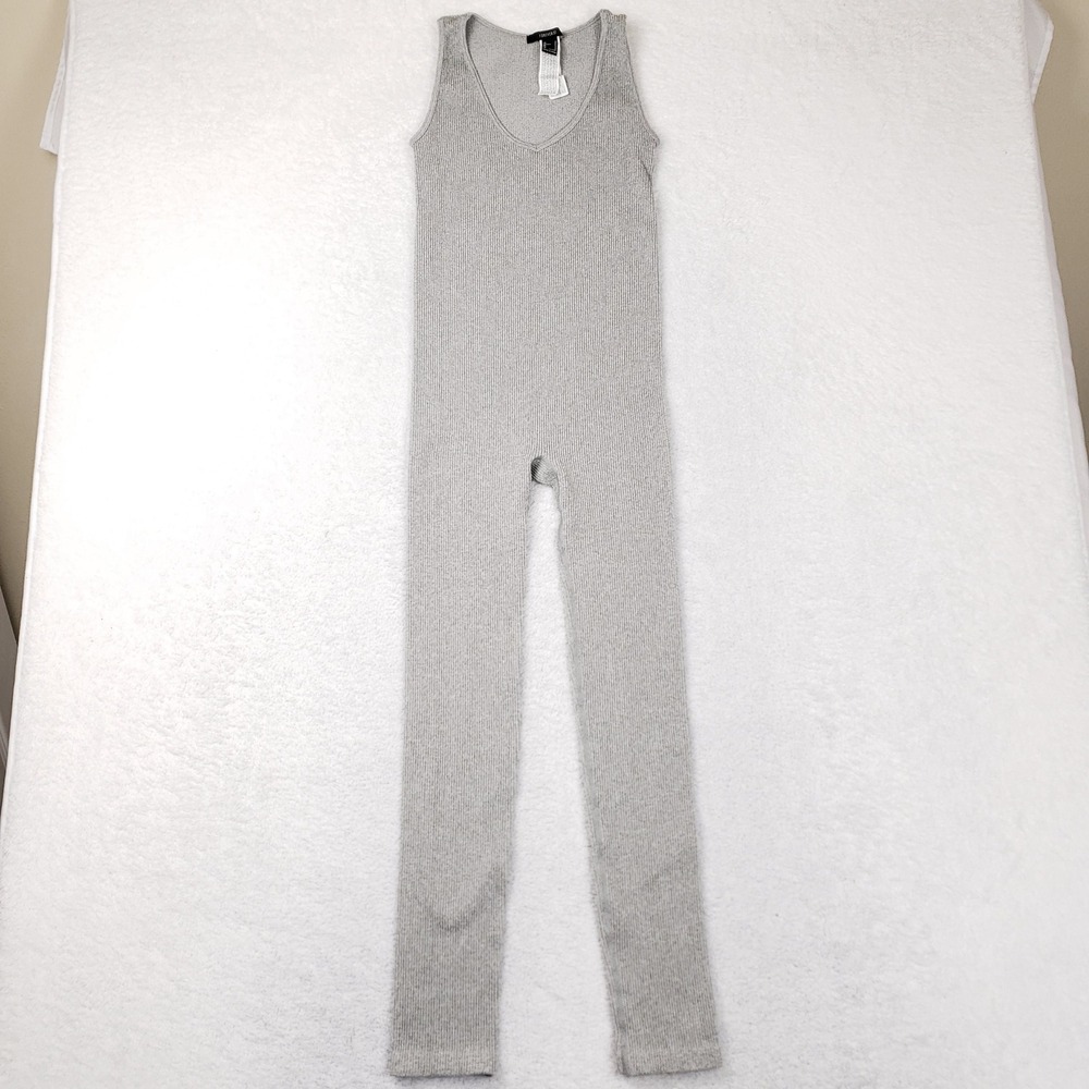 Forever 21 Womens Small Heather Gray Ribbed Knit V-Neck Catsuit Jumpsuit Unitard